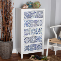Baxton Studio JY215-White-5DW-Chest Alma Spanish Mediterranean Inspired White Wood and Blue Floral Tile Style 5-Drawer Accent Chest